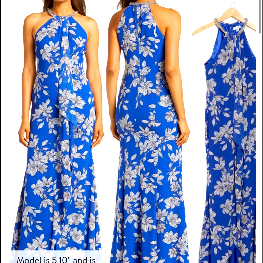Calvin Klein formal floral dress with beaded halter neck